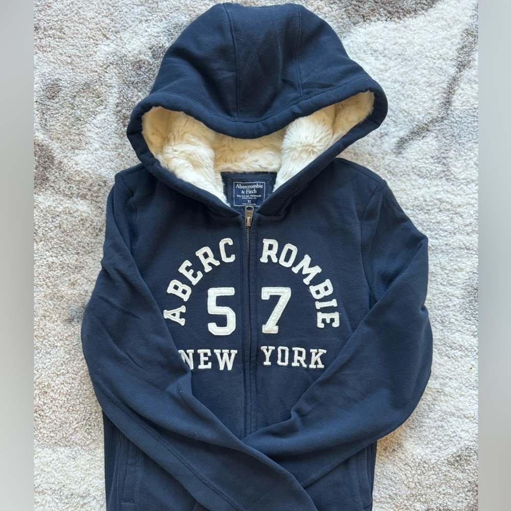 Abercrombie & Fitch fur lined front zip hoodie in navy blue